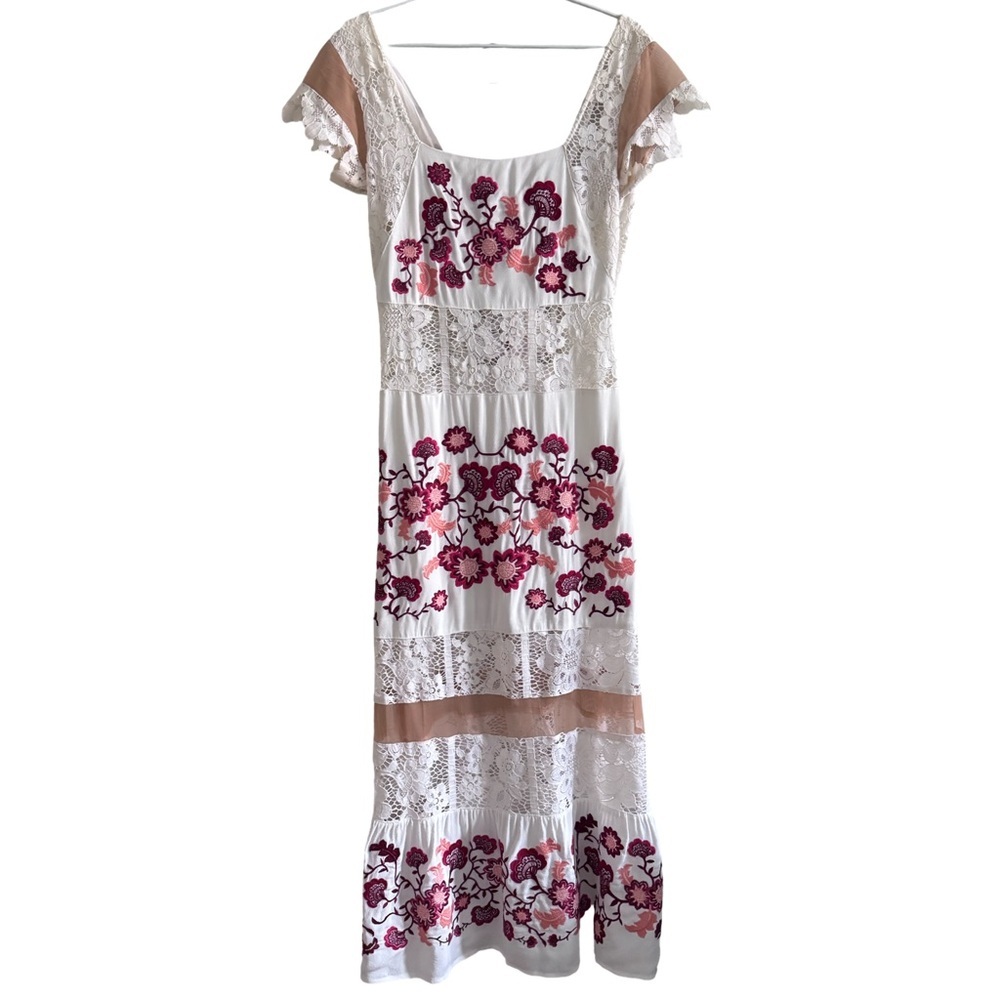 For Love & Lemons Cecelia Maxi Dress Floral Embroidery & Lace Paneling Size M